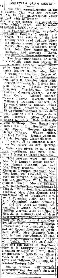 1944 Cumming Duncan reunion Found in Page 7 of Presque Isle Star Herald published inPresque Isle Maine Thursday, Aug 24th , 1944
