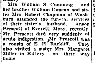 Anson Prescott death Found in Page 1 of Fort Fairfiled Review published inFort Fairfield Maine Wednesday, Oct 2nd , 1929