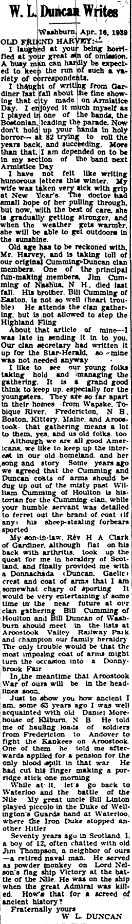 WLDuncan writes Page 3 of Fort Fairfiled Review published inFort Fairfield Maine Wednesday, May 17th , 1939